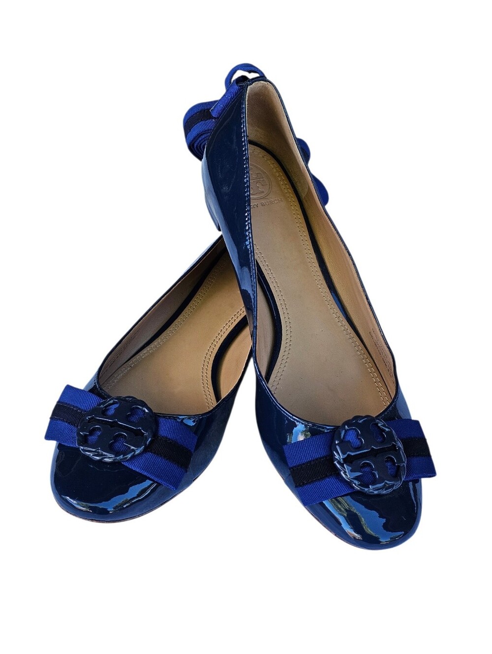Tory Burch Blue Patent Ballet Flats with Ribbon Bow